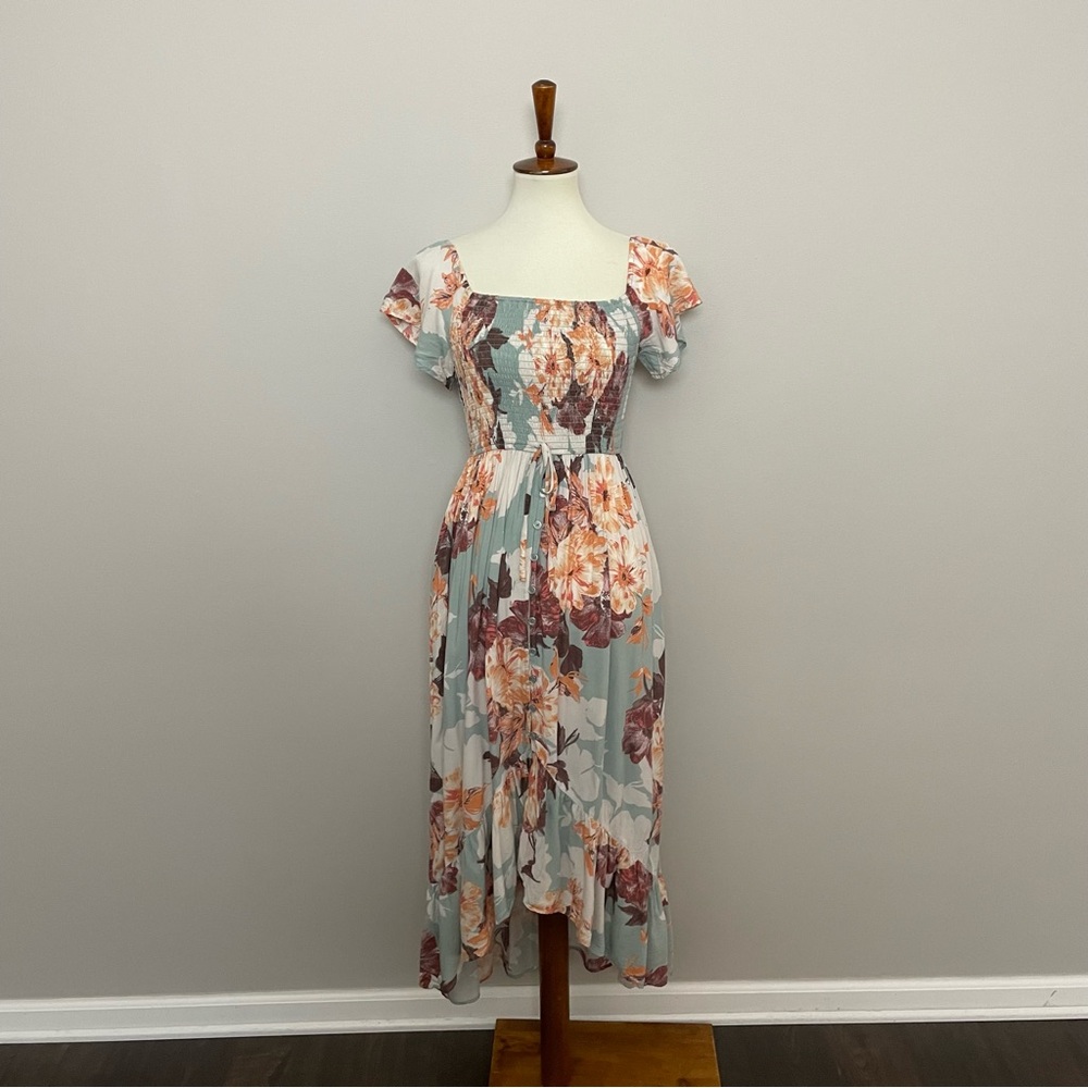 Band Of Gypsies Dress Midi Floral Smocking Pockets Button Boho Prairie Green